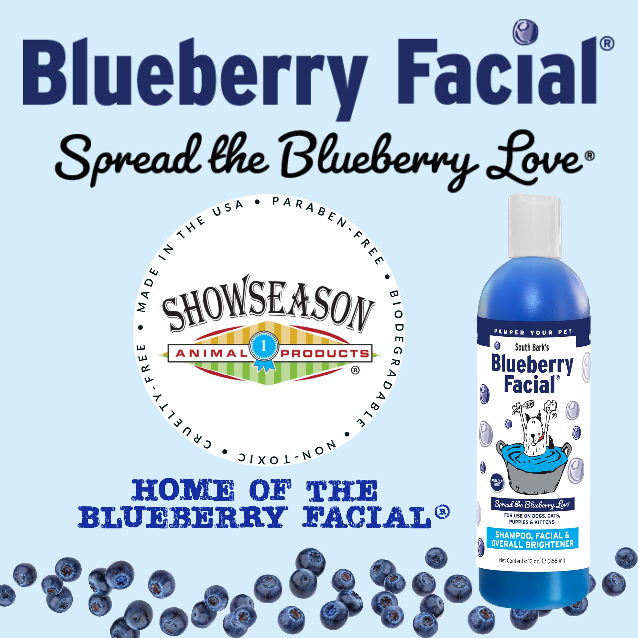ShowSeason South Bark Blueberry Facial closeup highlights soft, hydrated fur.