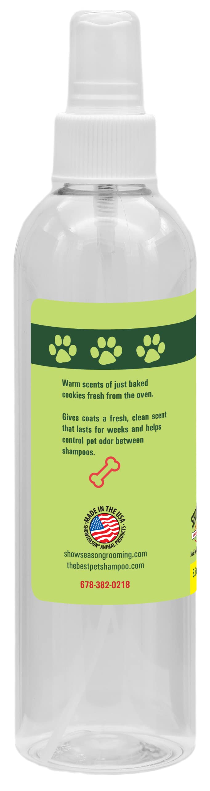 Showseason Sugar Cookie Dog Cologne bottle back label highlights ingredients and care tips.