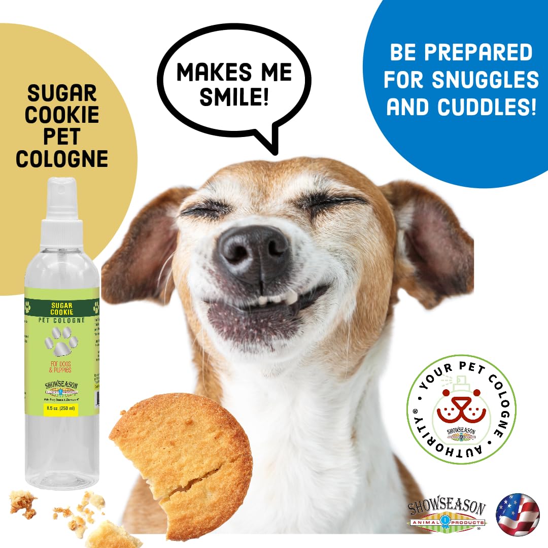 Showseason Sugar Cookie Dog Cologne spray application demonstrates easy, mess-free scenting on a pet.