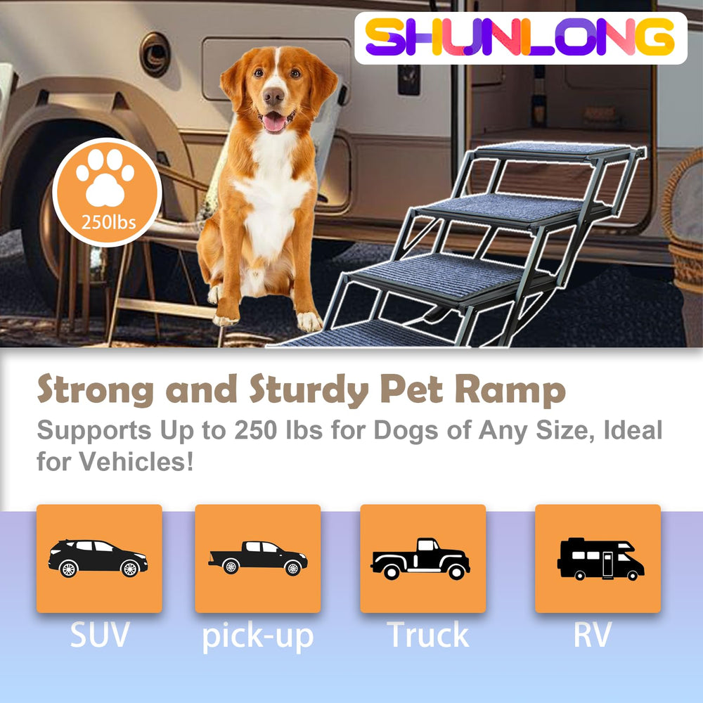 SHUNLONG dog stairs feature sturdy metal frame and safety locks.