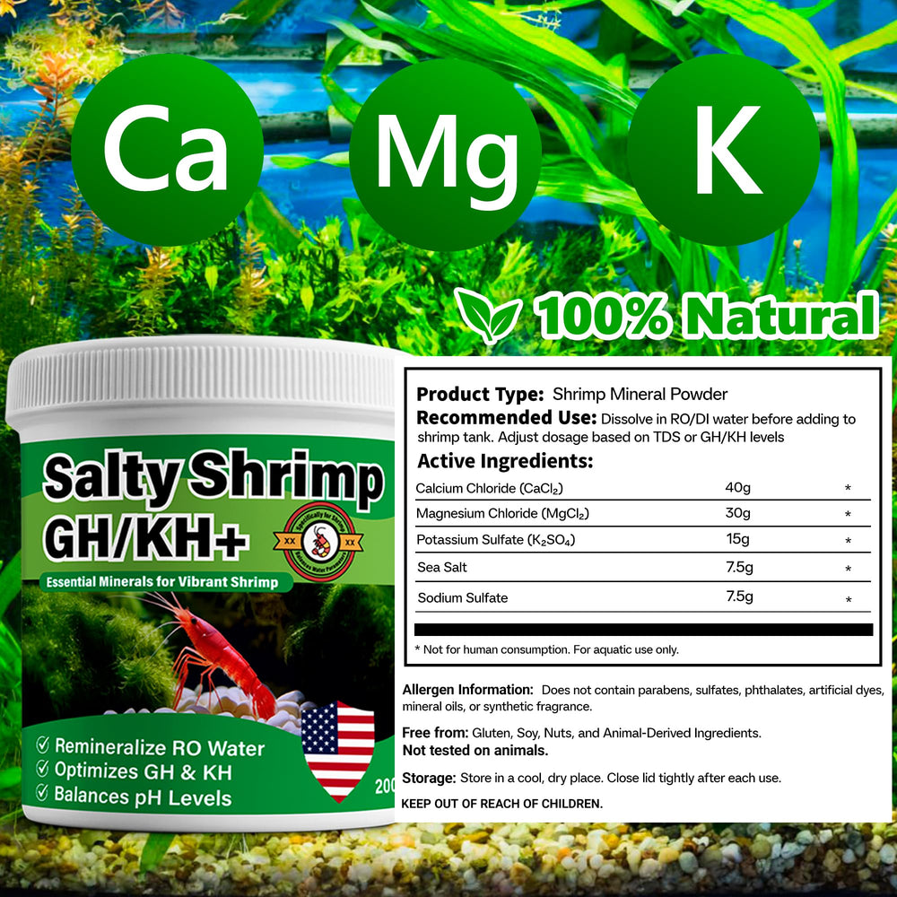 SHUNNIUB Salty Shrimp GH/KH+ 200G jar on shelf beside clean aquarium.