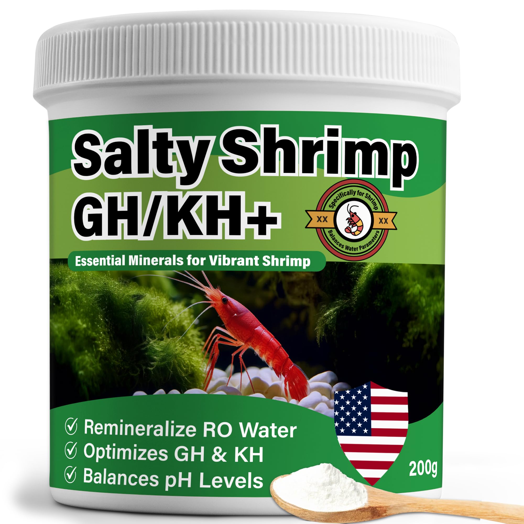 SHUNNIUB Salty Shrimp GH/KH+ bottle closeup highlighting mineral formula for healthier shrimp.