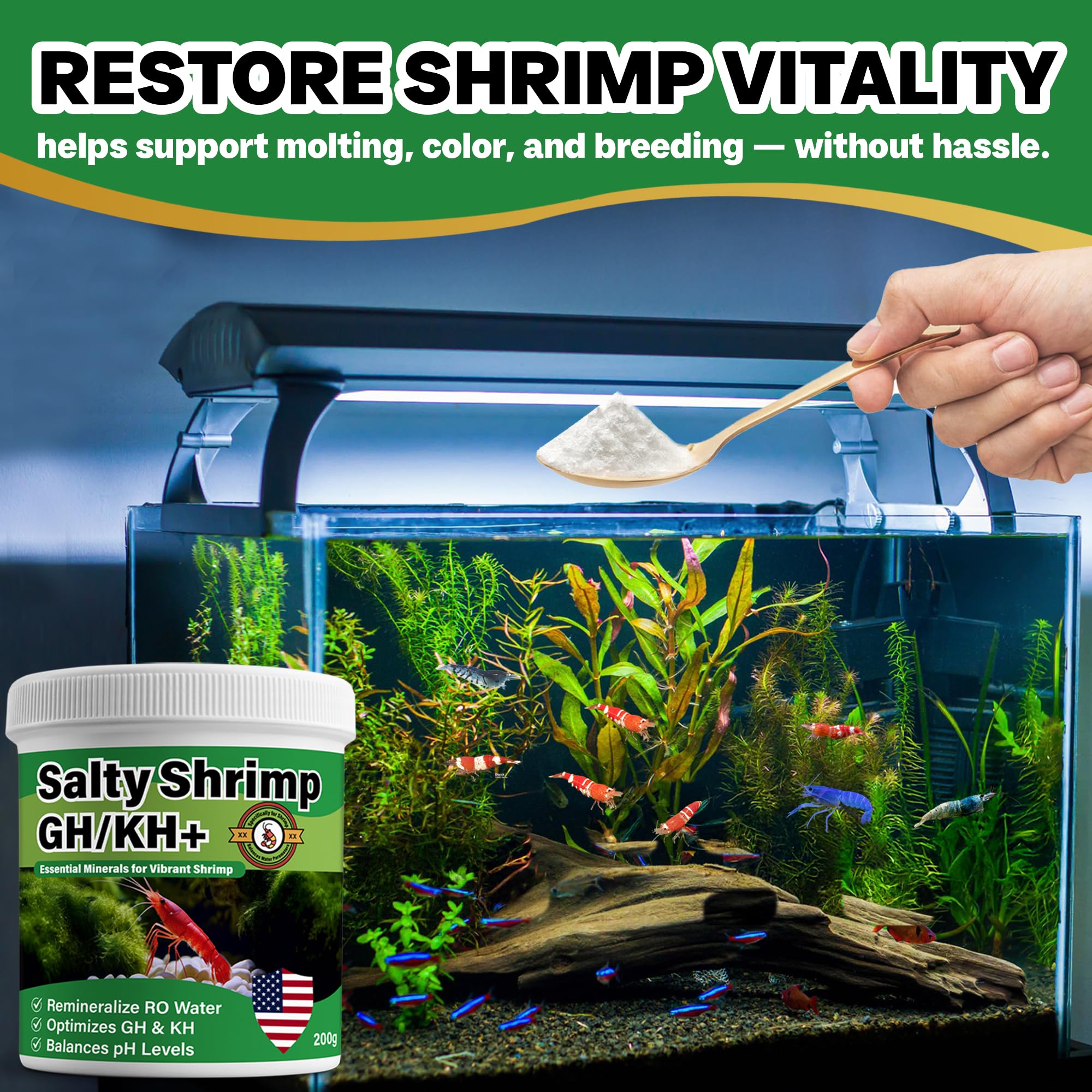 Clear tank with vibrant shrimp after using SHUNNIUB Salty Shrimp GH/KH+.