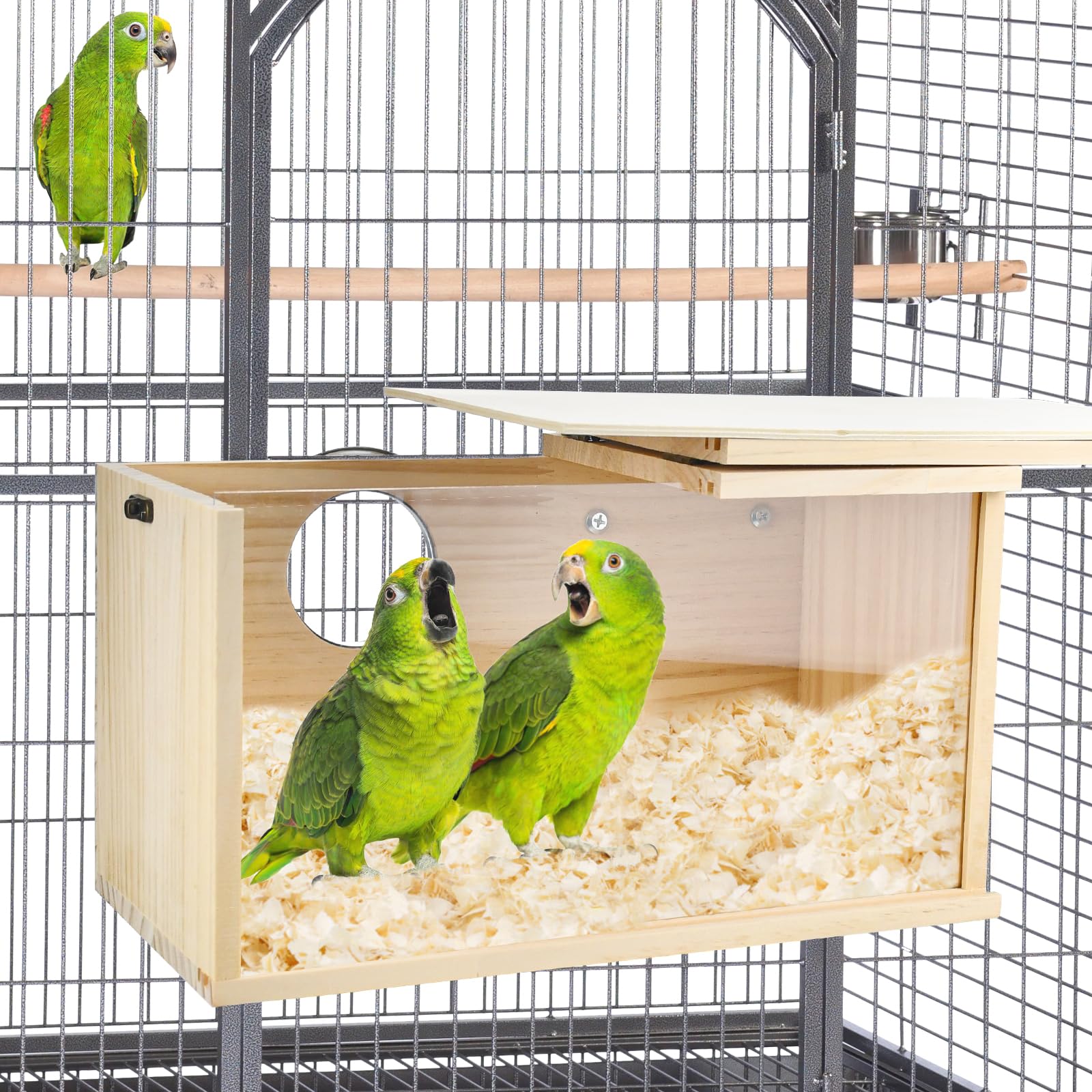 ShuRung parrot nesting box entrance detail prevents chewing and enhances longevity.
