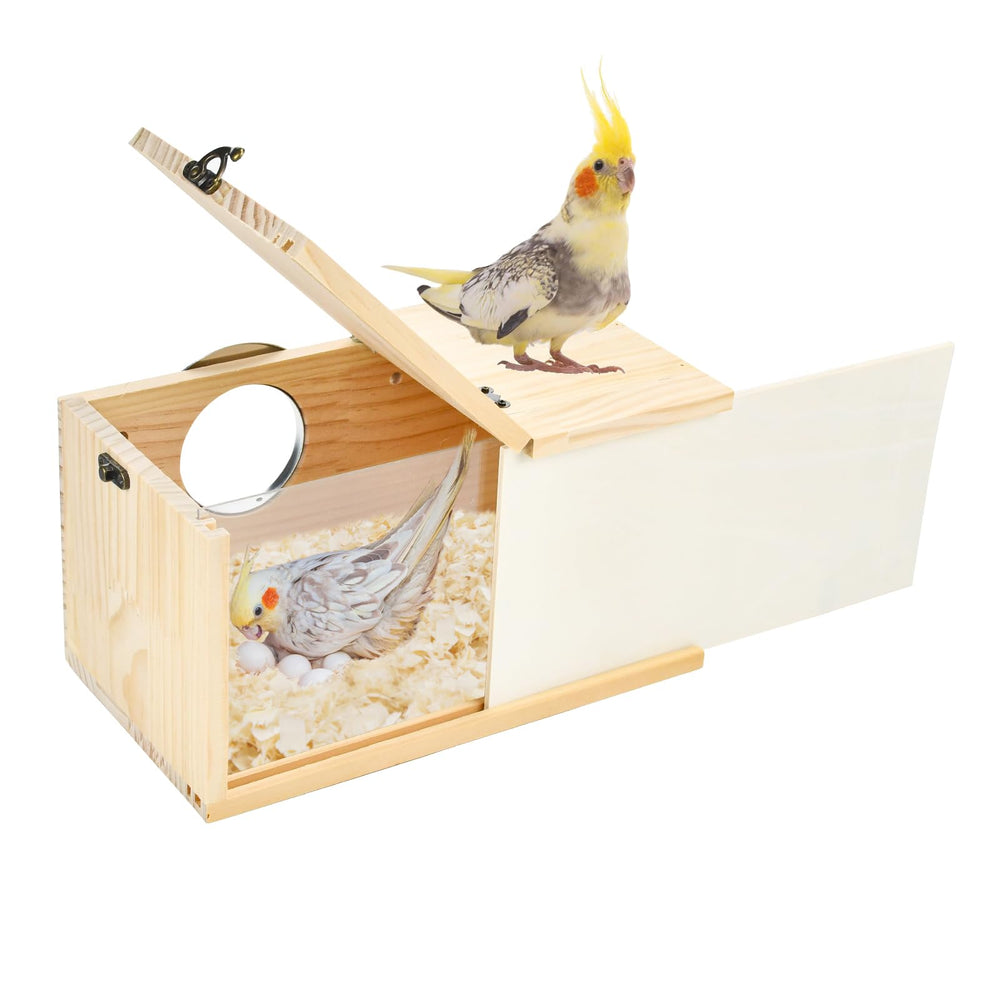 ShuRung parrot nesting box front view shows durable pine construction for year-round use.