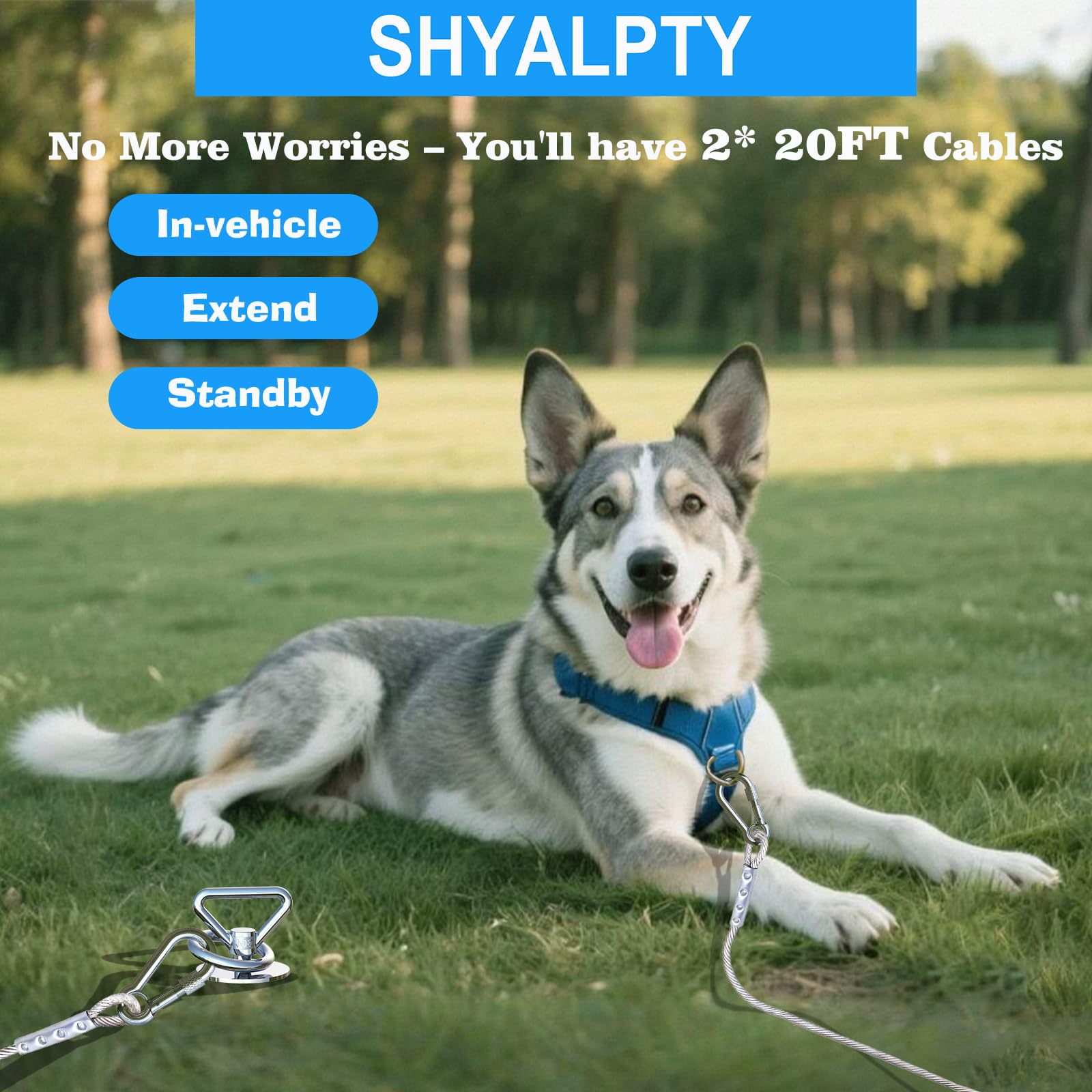 SHYALPTY camping dog kit with stake cables and handle for portability.