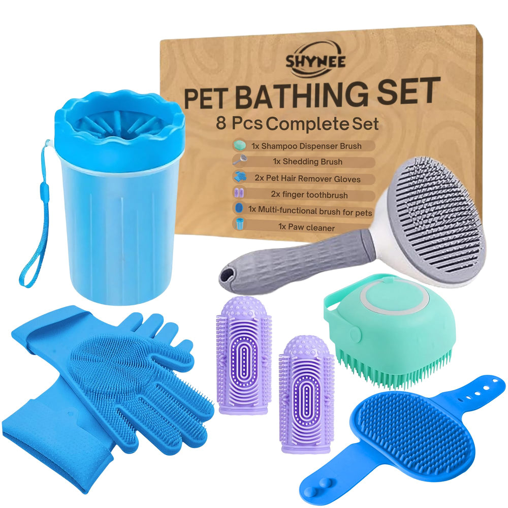 SHYNEE 8pc dog grooming kit packaging displayed for at-home baths.