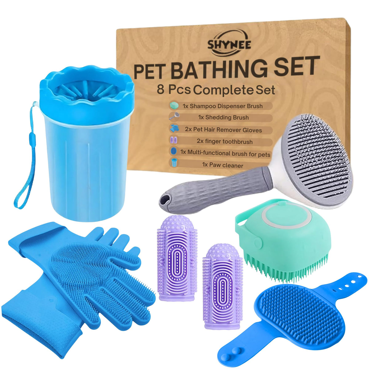 SHYNEE 8pc dog grooming kit packaging displayed for at-home baths.