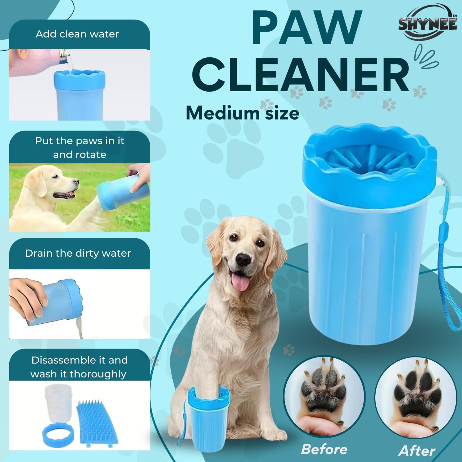 SHYNEE dog paw cleaner close-up showing dirt removal after walks.