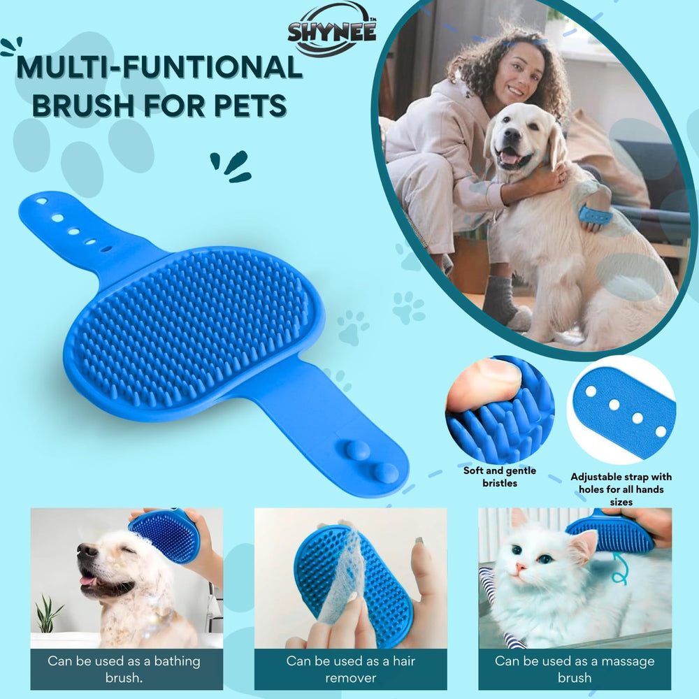 SHYNEE adjustable dog wash brush with ring handle for comfortable grip.