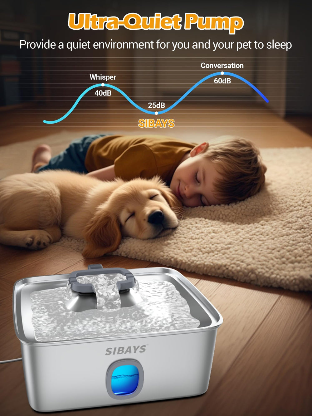 SIBAYS 15L dog water fountain pump close-up motor detail, durable ABS construction.