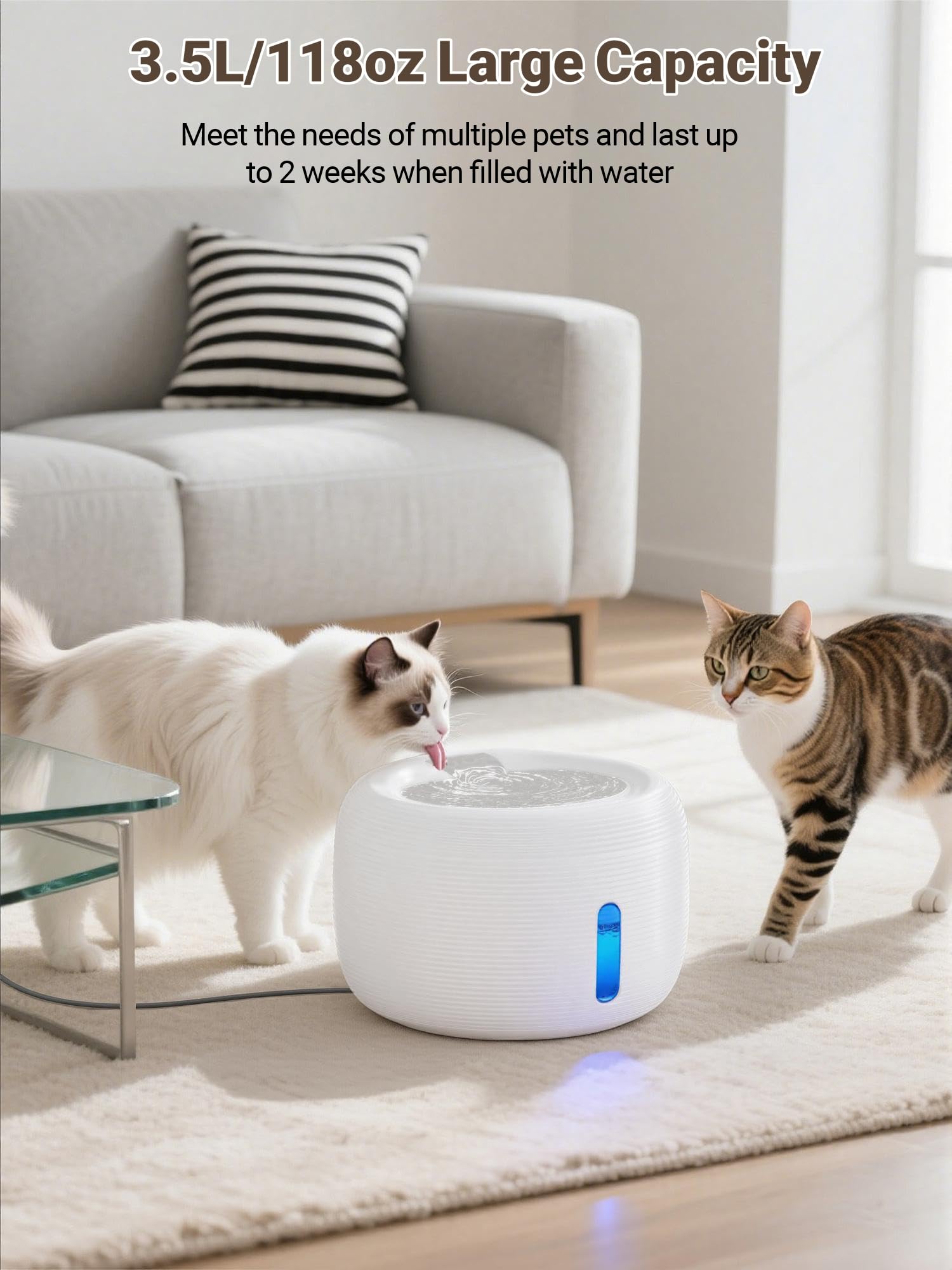 SIBAYS fountain shows blue LED indicator for water level awareness.