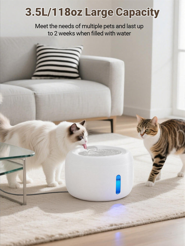 SIBAYS fountain shows blue LED indicator for water level awareness.