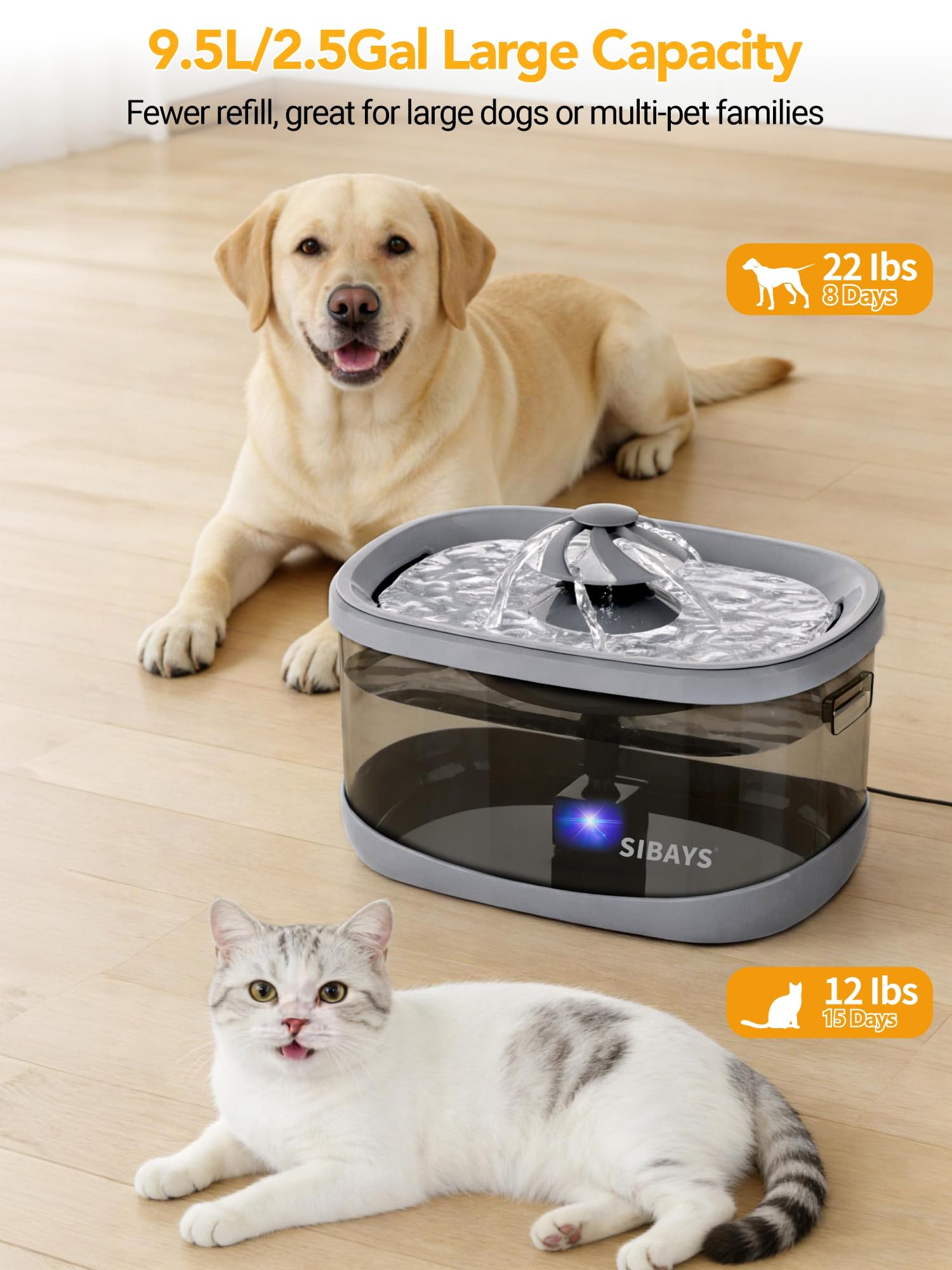 SIBAYS 9.5L water fountain top view highlights space-saving design for busy households.