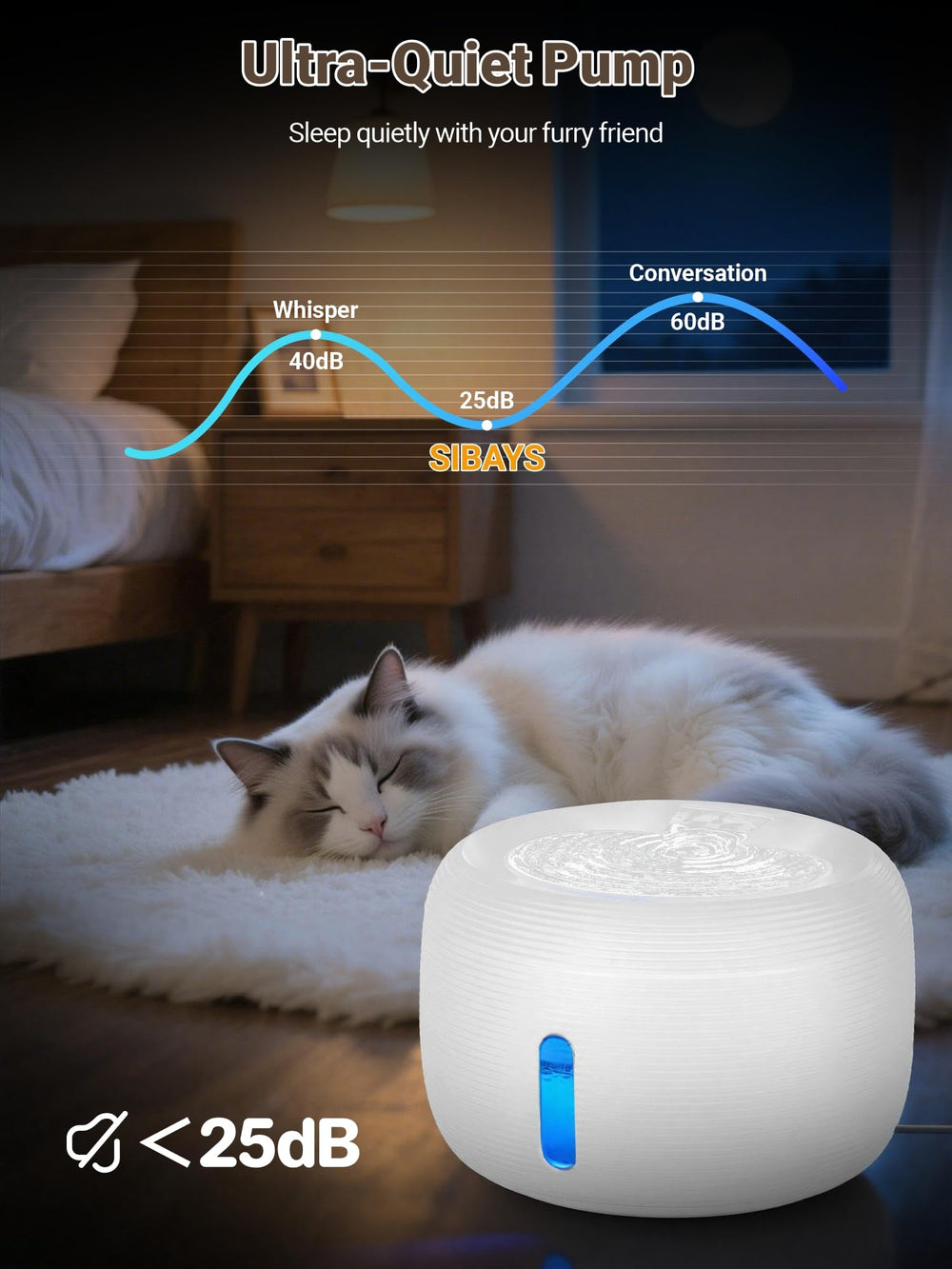 Ultra-quiet pump in SIBAYS fountain for peaceful home use.