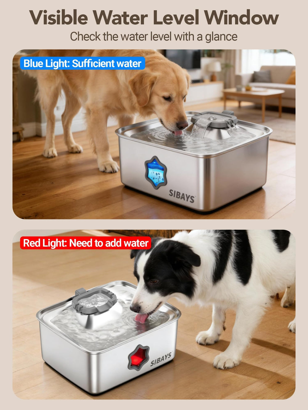 SIBAYS dog drinking from stainless steel fountain showing capacity