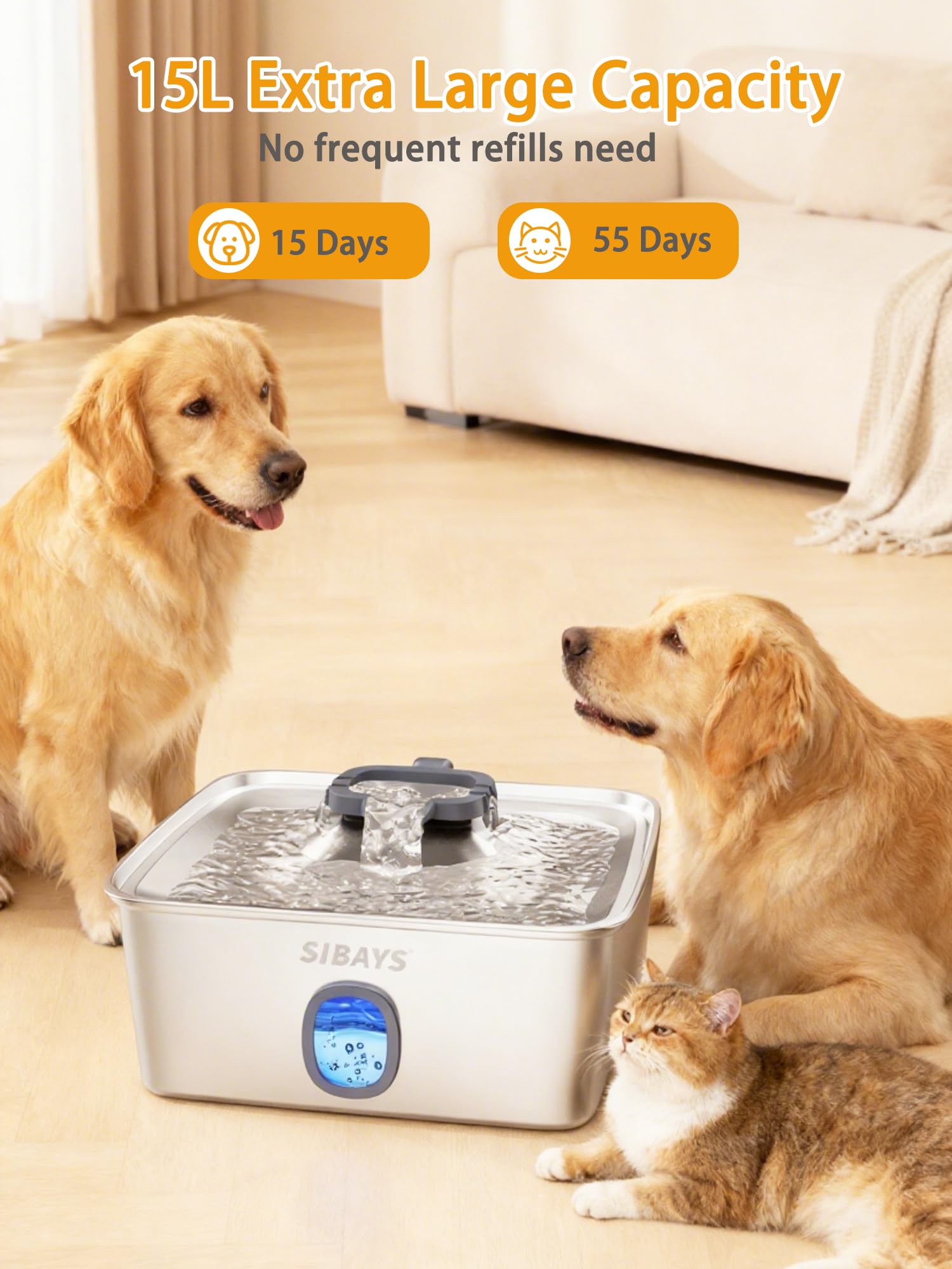 SIBAYS stainless steel body keeps water cooler and cleaner for pets