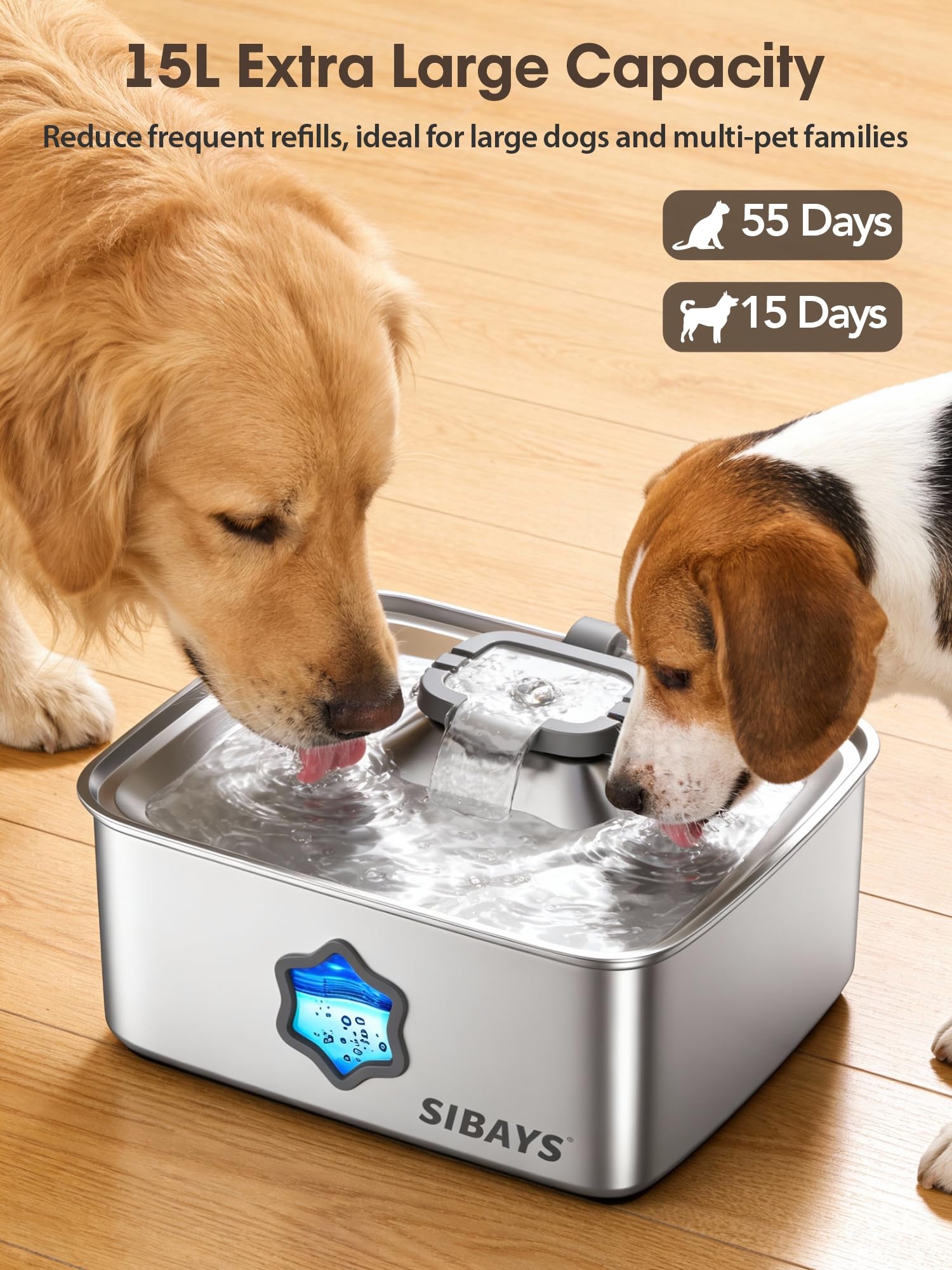 SIBAYS stainless steel fountain (304) for durable pet hydration