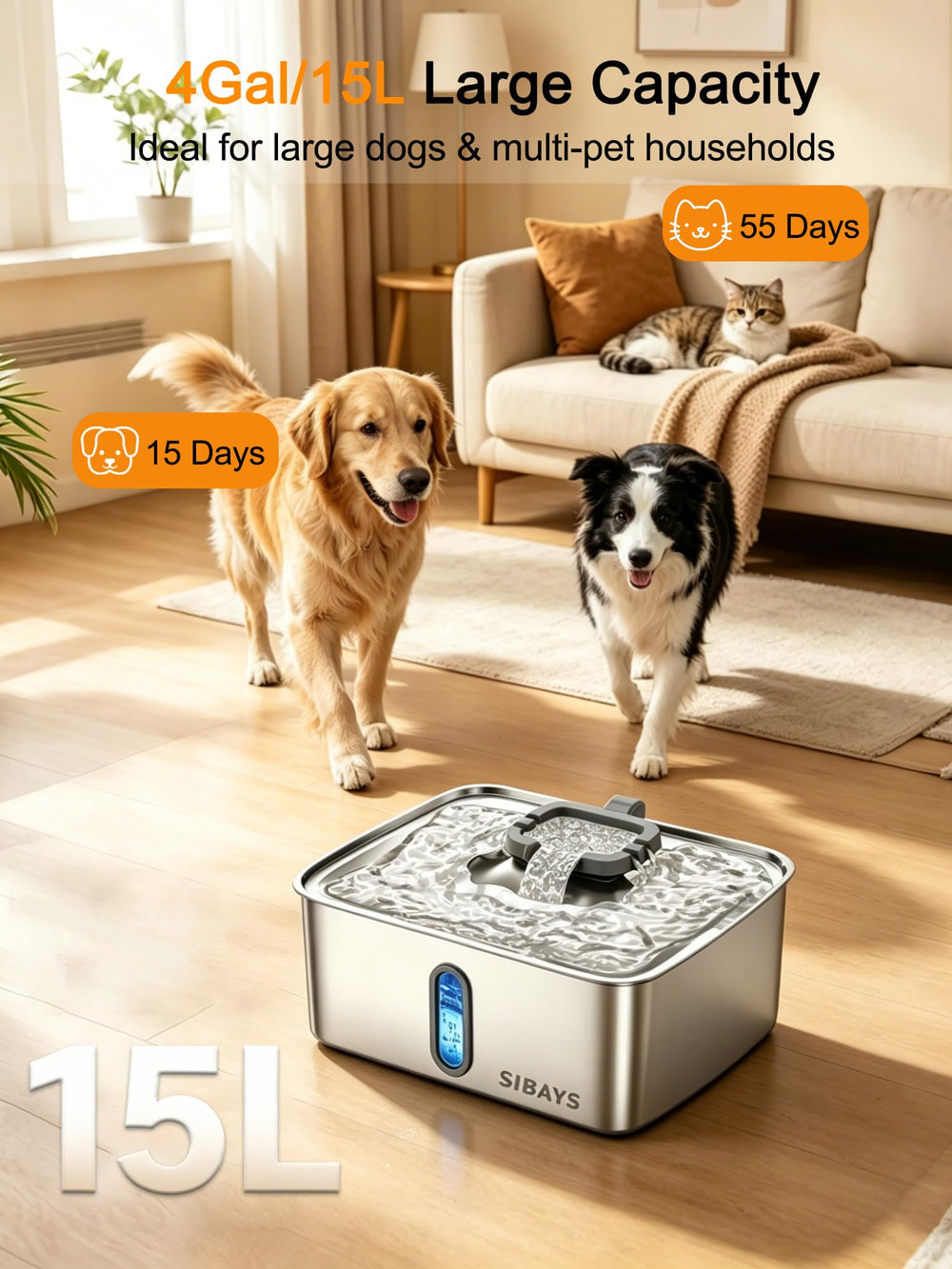 SIBAYS stainless-steel dog water fountain for durable, easy cleaning