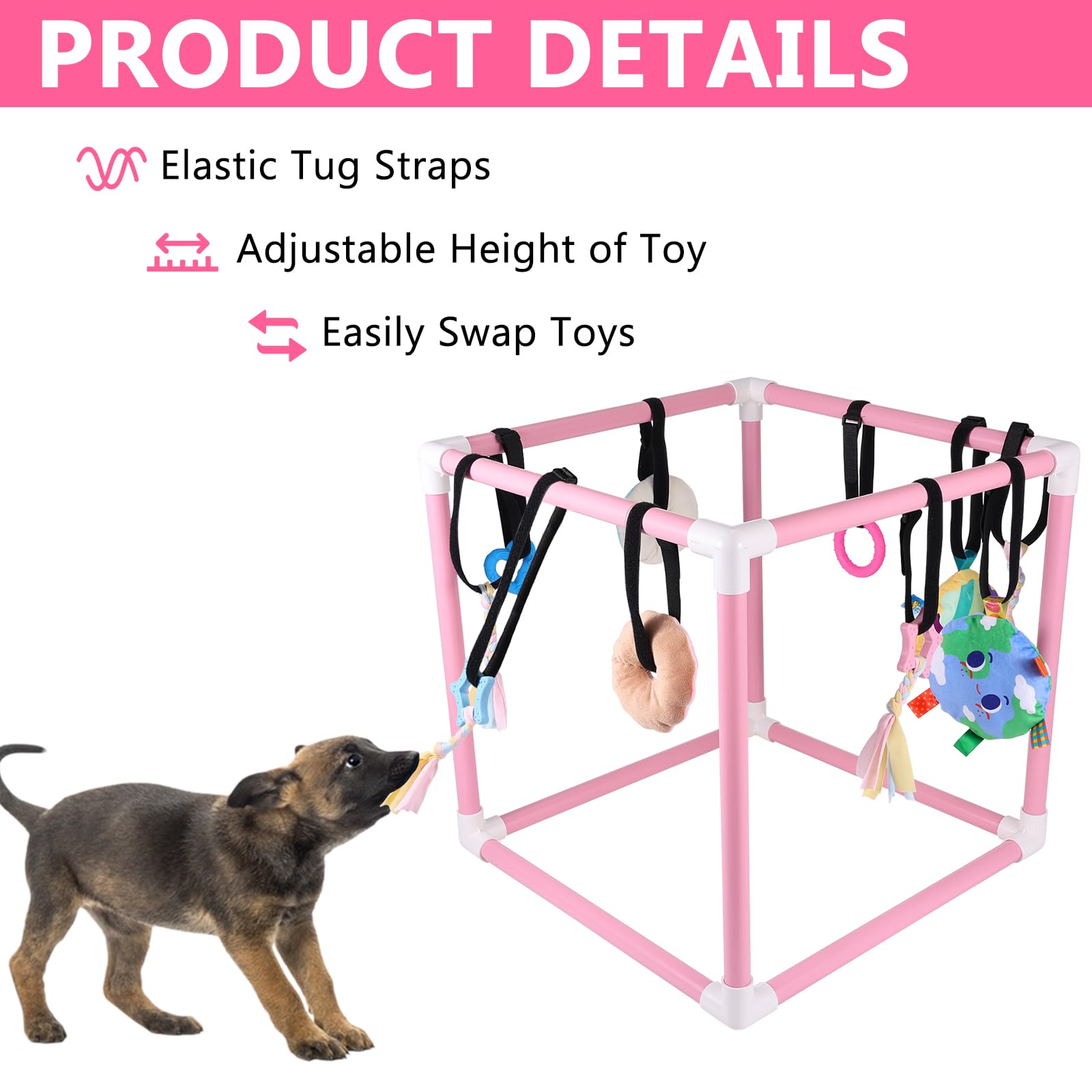 Sibosen Adjustable height tug straps support solo play as puppies grow.