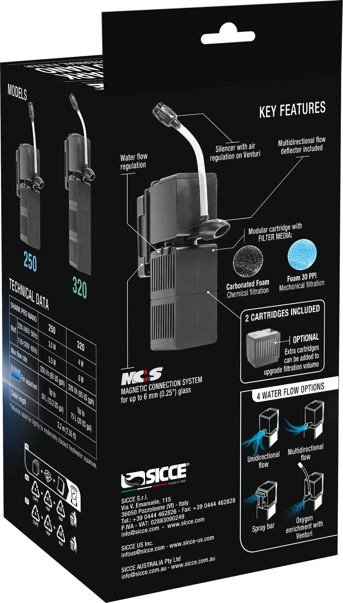 Sicce Shark Pro Nano 250 compact design fits tight spaces with 65 GPH