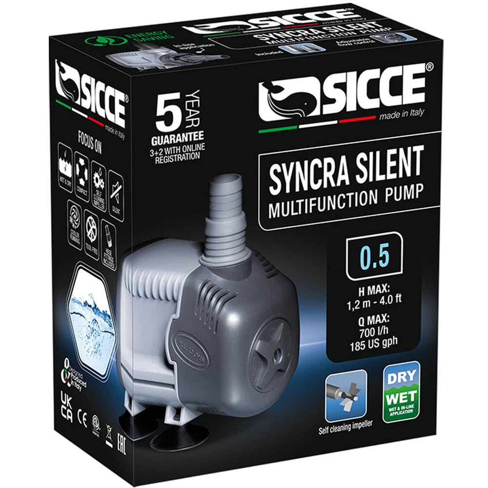 SICCE Syncra Silent 0.5 pump front view shows compact, quiet operation.