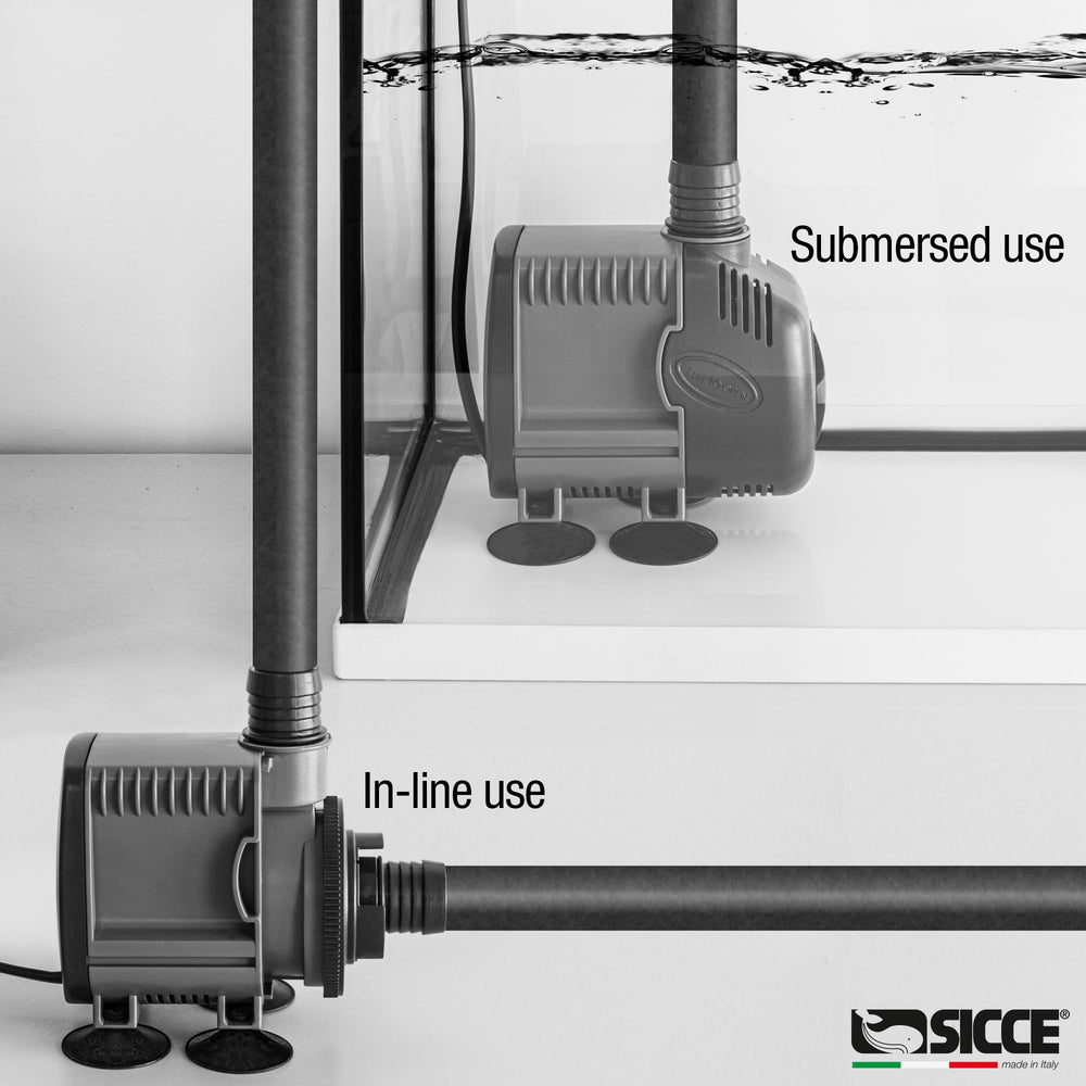 Sicce Syncra Silent 1.5 pump shown for wet and dry installations.