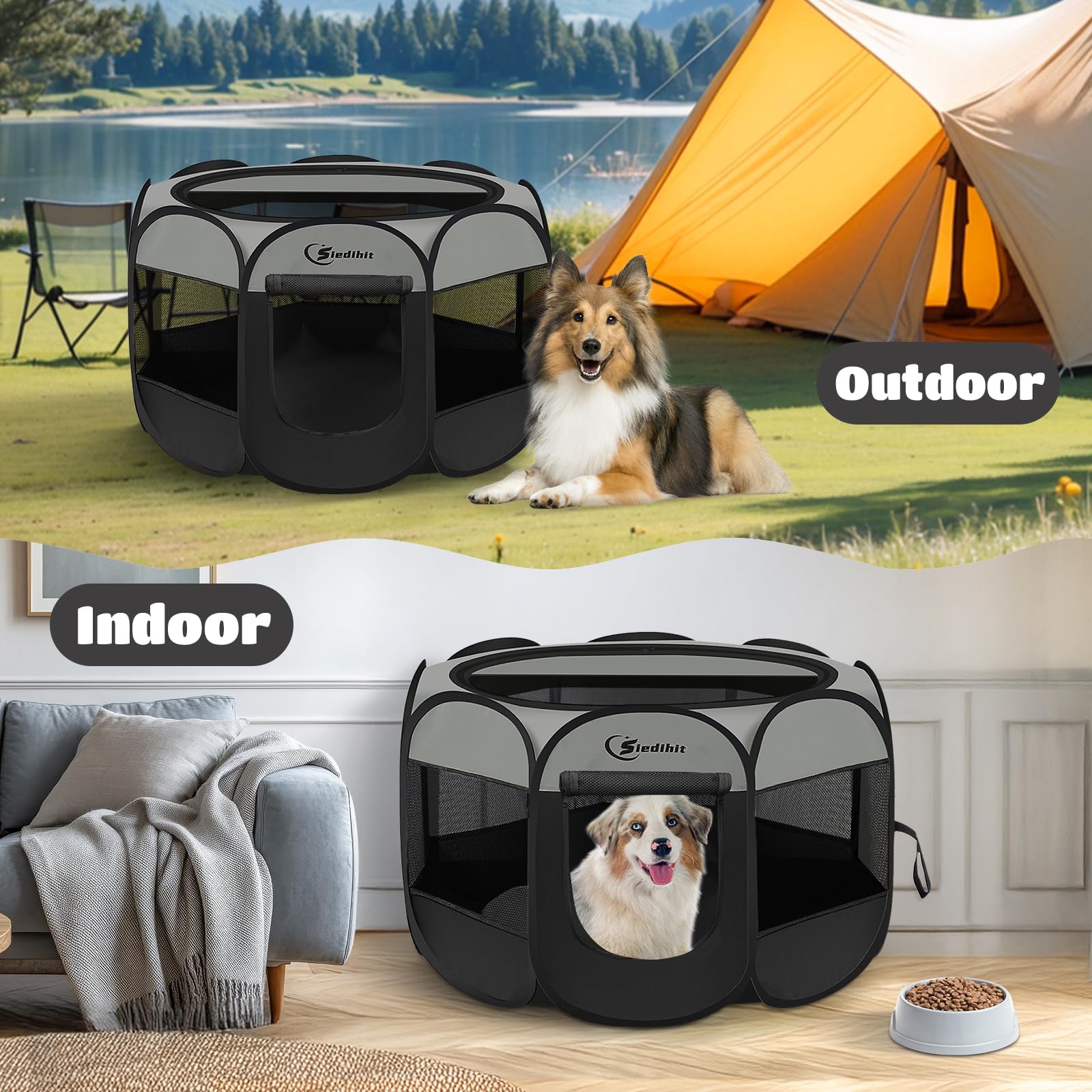 Siedihit dark grey puppy playpen door entry for quick access.