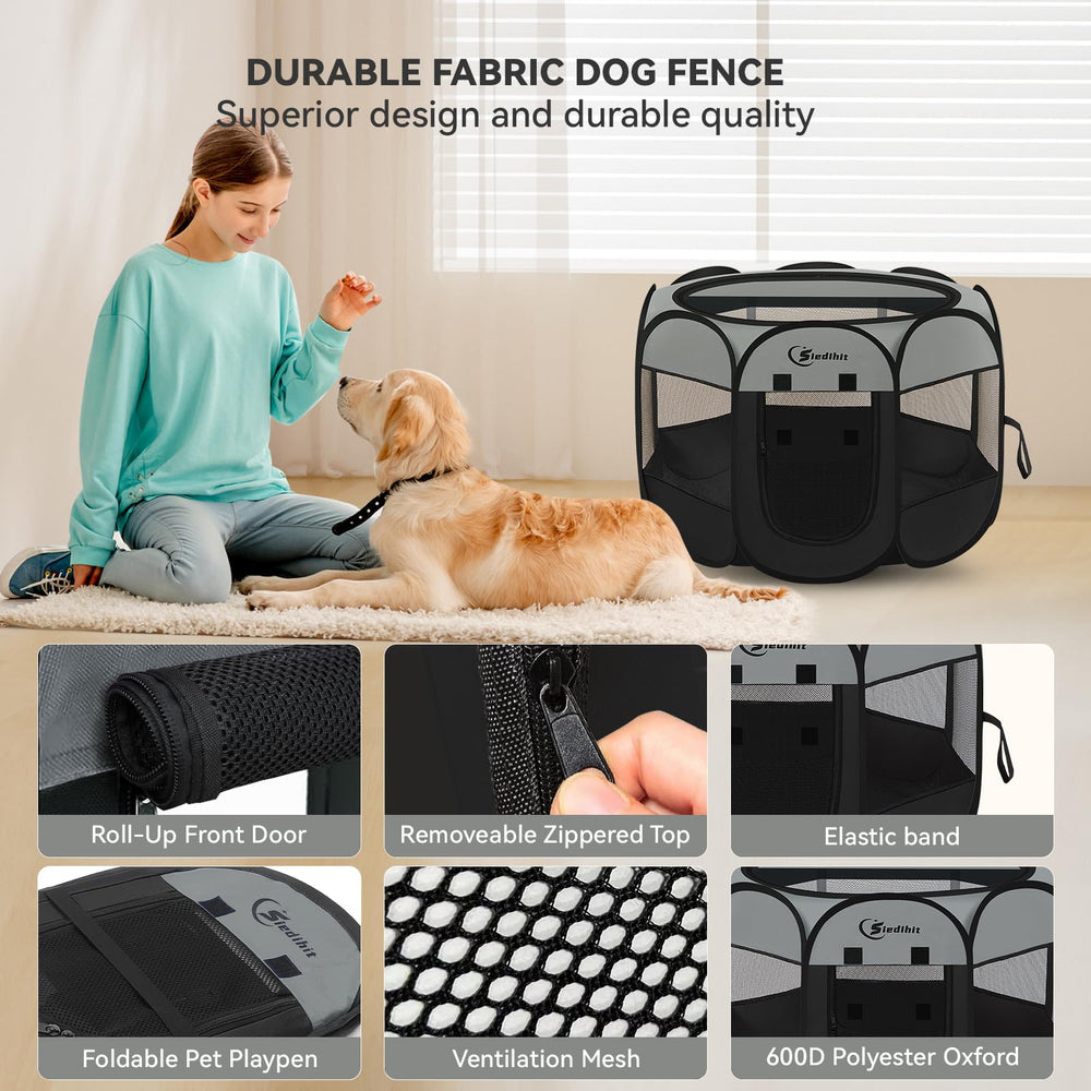 Siedihit dark grey puppy playpen mesh top providing ventilation and shade.