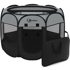 Siedihit dark grey puppy playpen side view showing 360-degree visibility and ventilation.