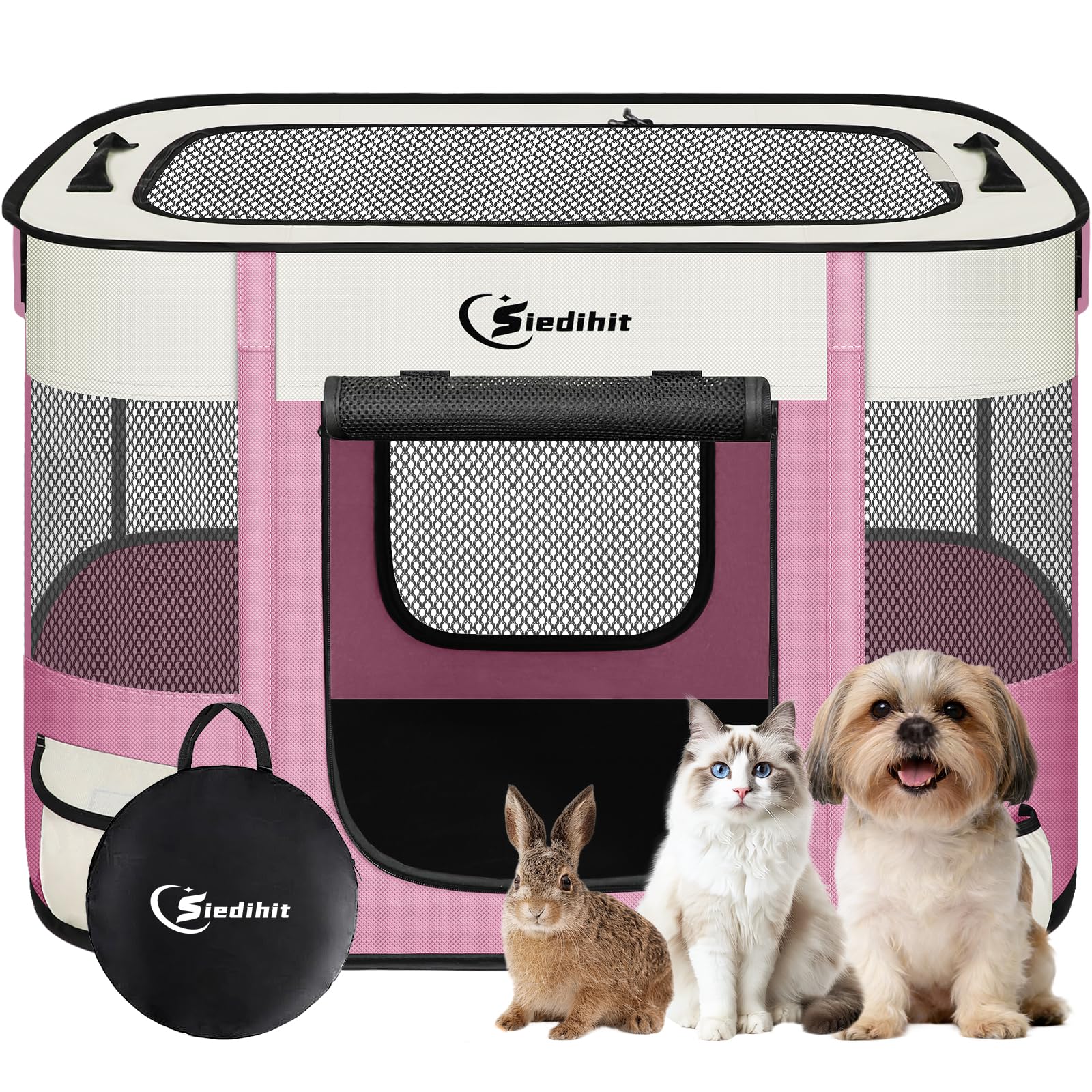 Siedihit dog playpen folded pink small for easy storage and portability.