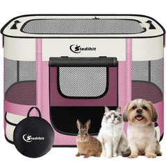 Siedihit dog playpen folded pink small for easy storage and portability.