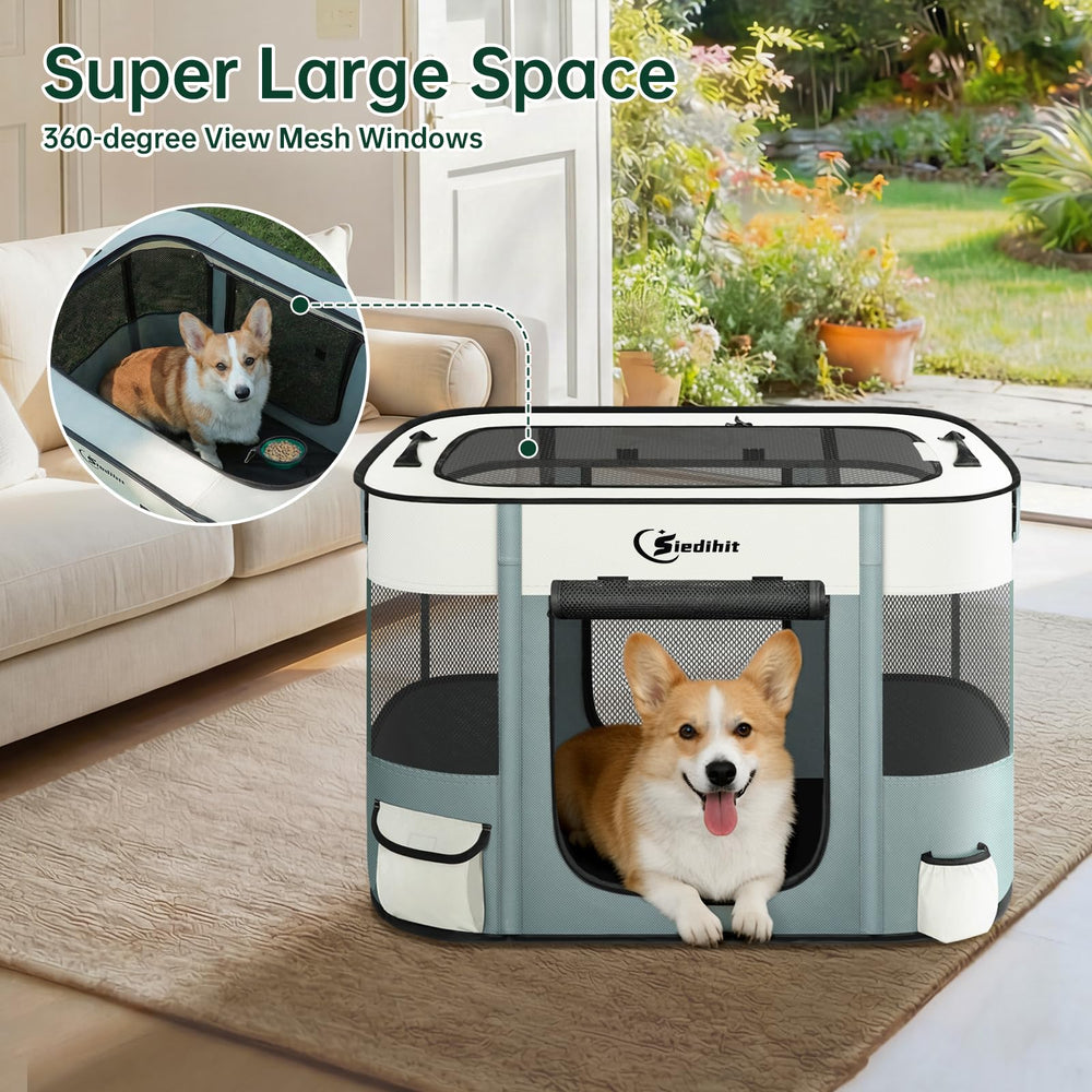 Siedihit dog playpen gray compact design fits car-trunk storage.