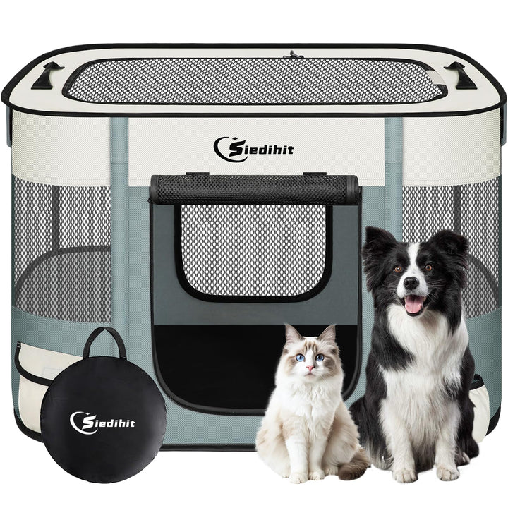 Siedihit dog playpen gray folded with carrying case for easy transport.