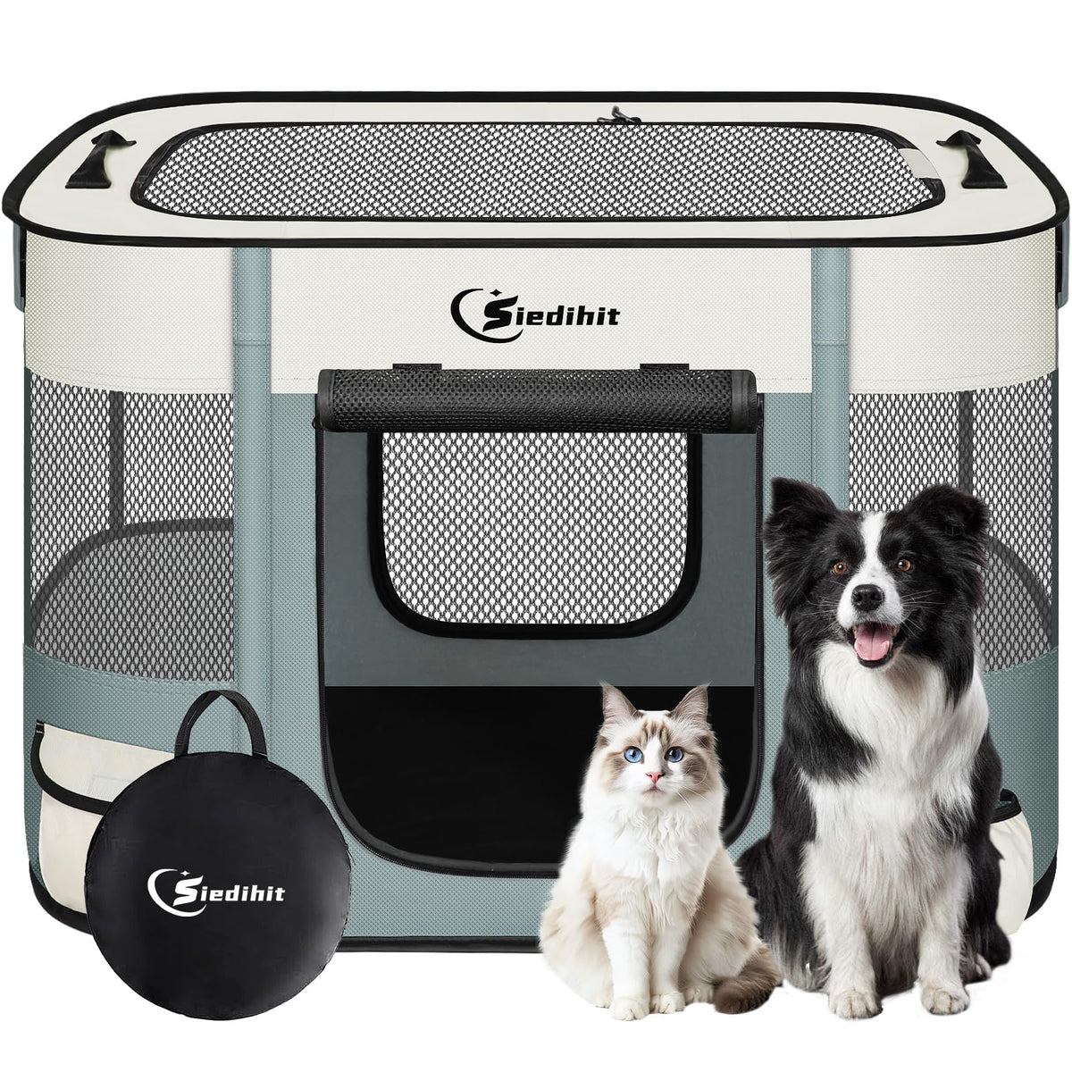 Siedihit dog playpen gray folded with carrying case for easy transport.