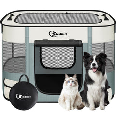 Siedihit dog playpen gray folded with carrying case for easy transport.