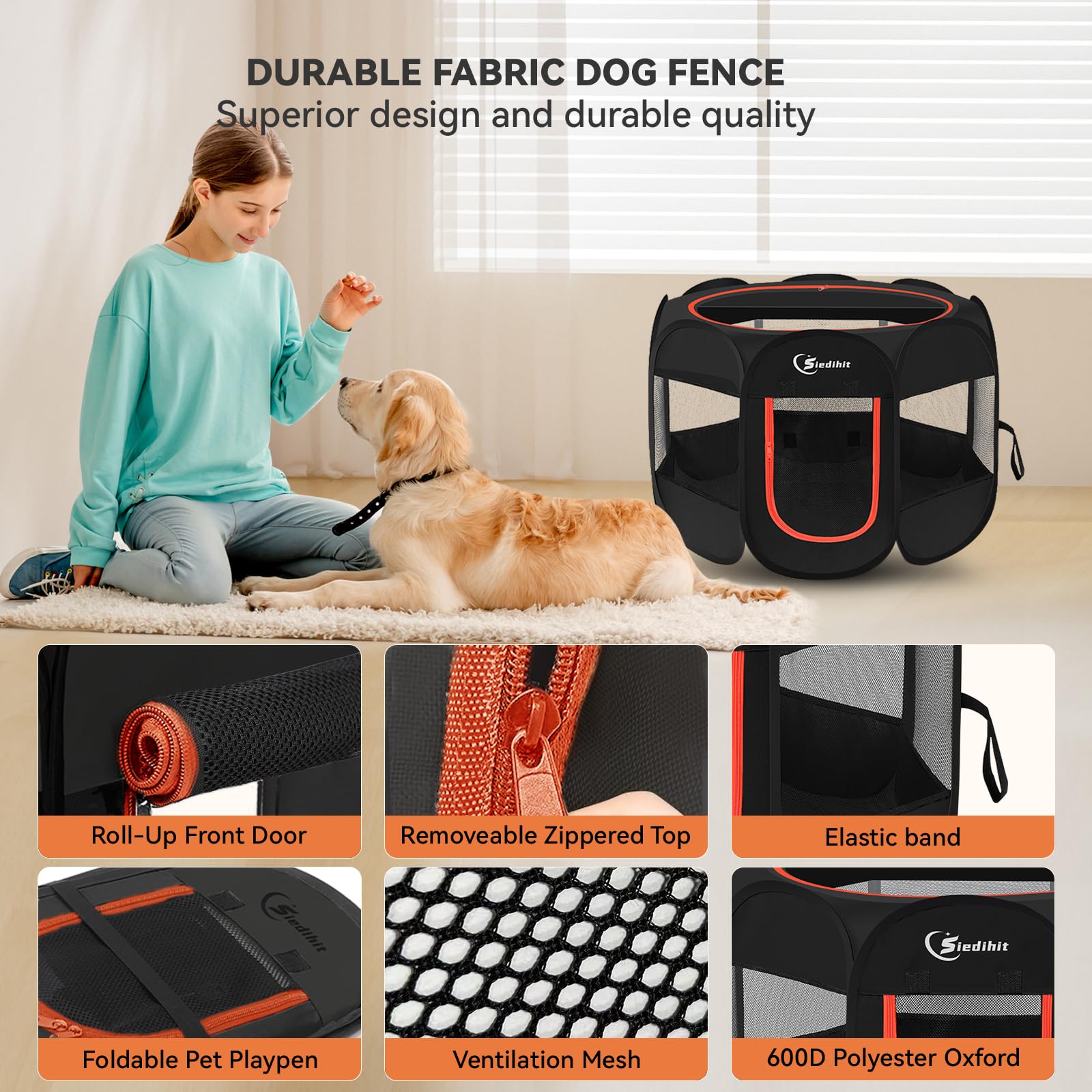 Siedihit Playpen spacious interior supports pets to play, rest, or retreat.