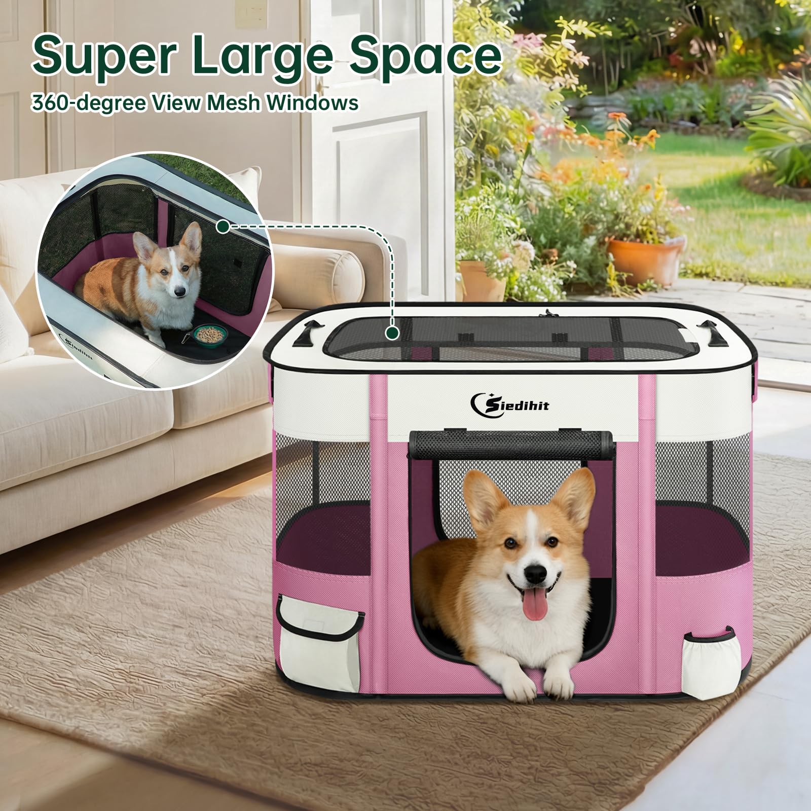 Siedihit pink medium dog playpen assembly step conveys quick setup