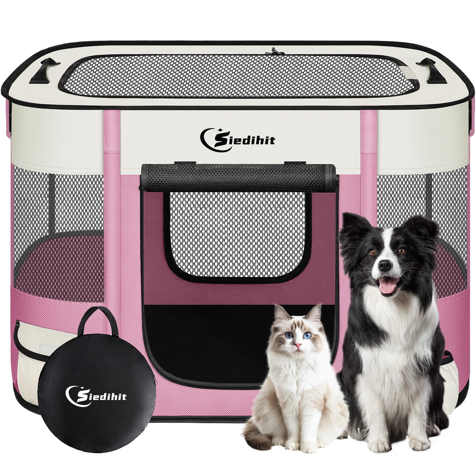 Siedihit pink medium dog playpen front view showing safe, breathable mesh for pets