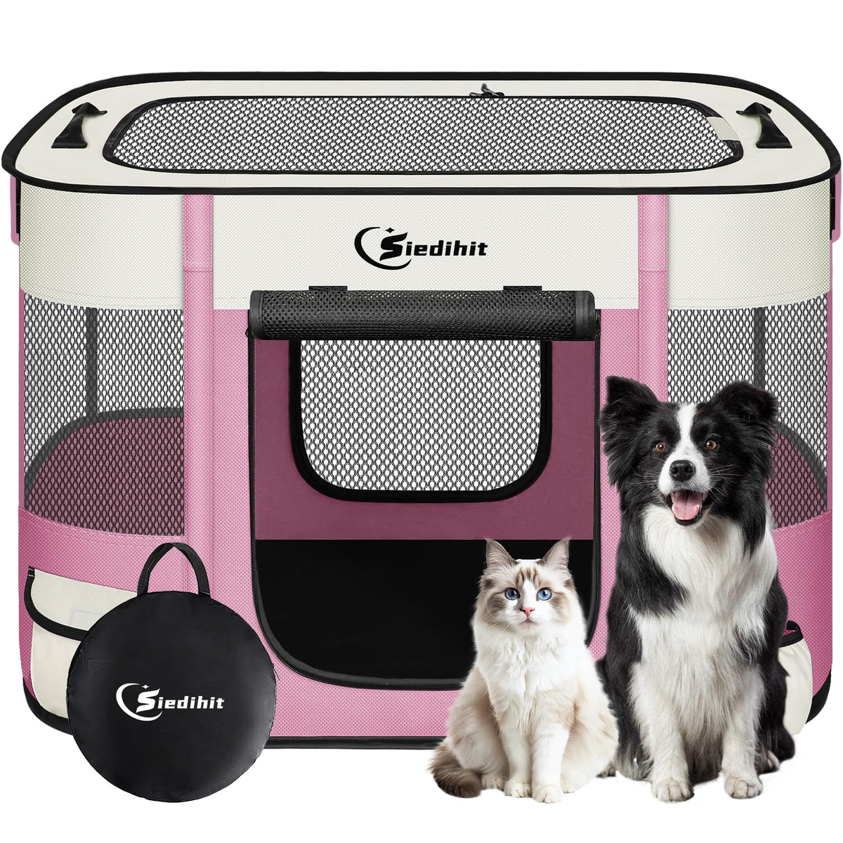 Siedihit pink medium dog playpen front view showing safe, breathable mesh for pets