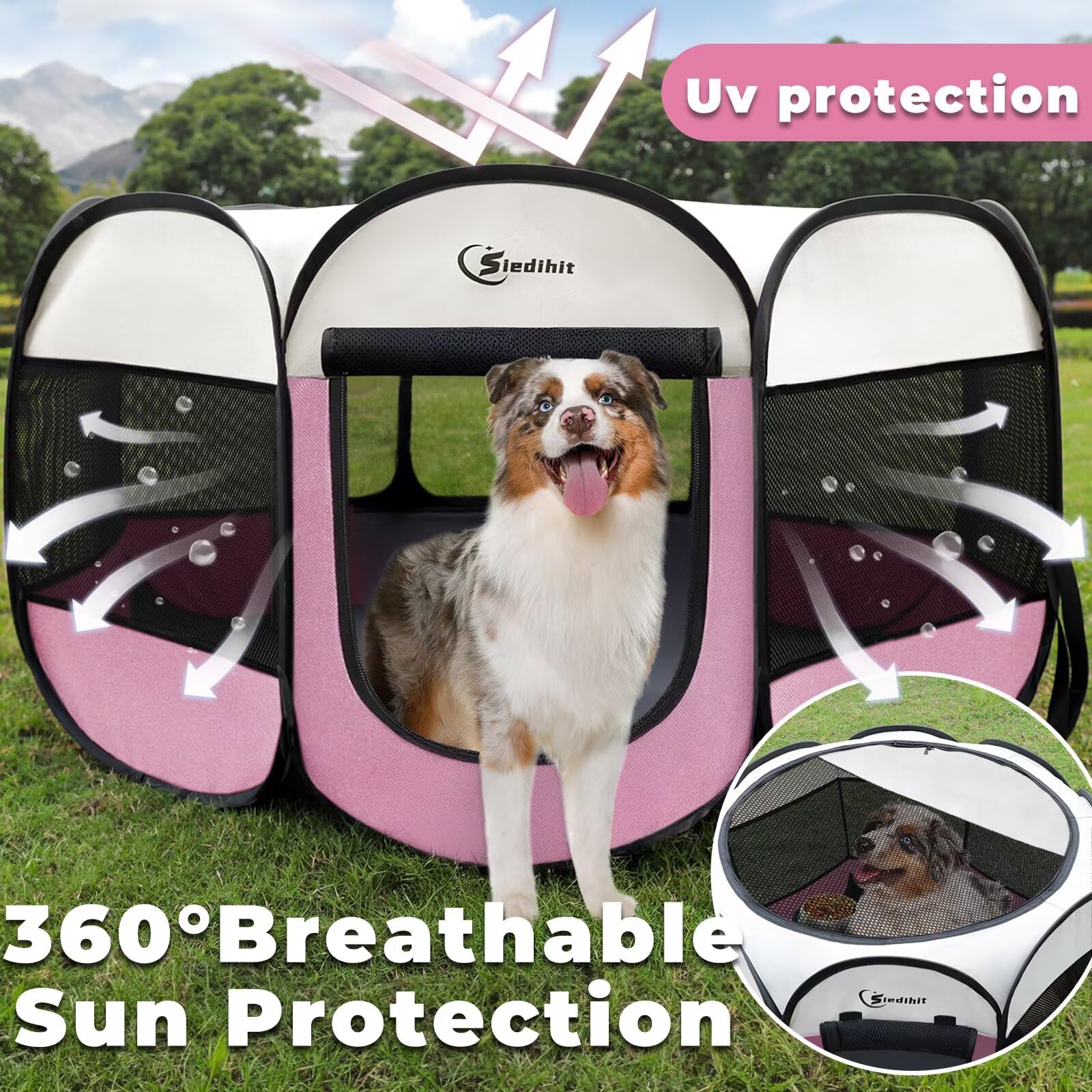Siedihit pink playpen with 8-panel mesh for a roomy interior.