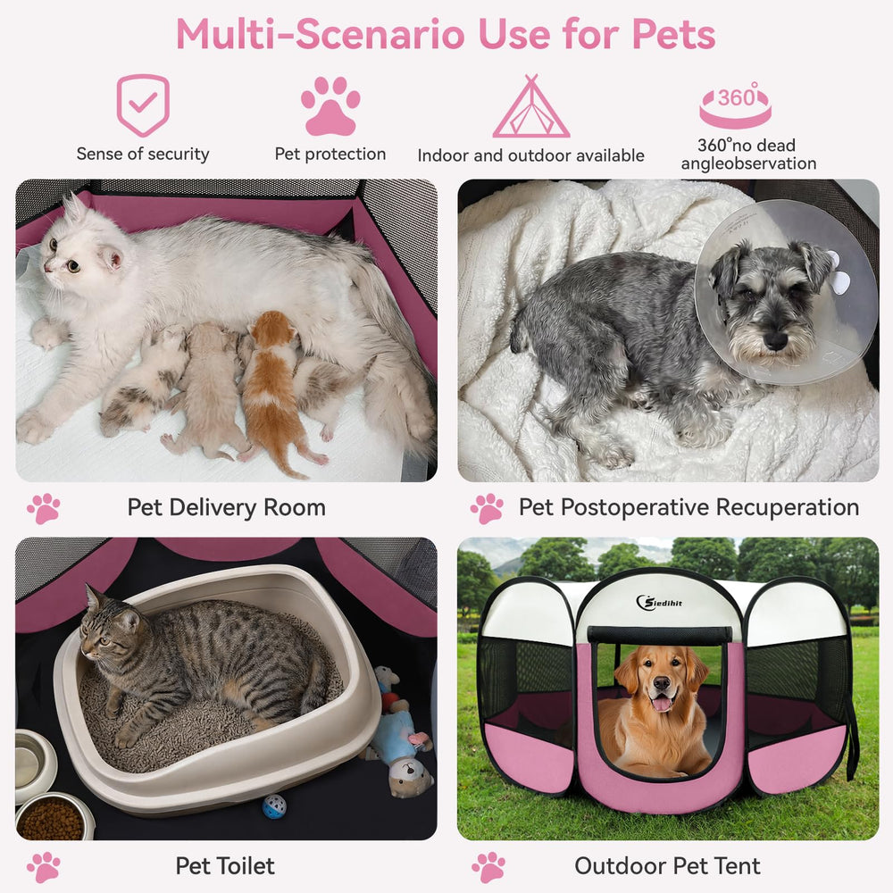 Siedihit pink playpen with detachable top for shade and indoor use.