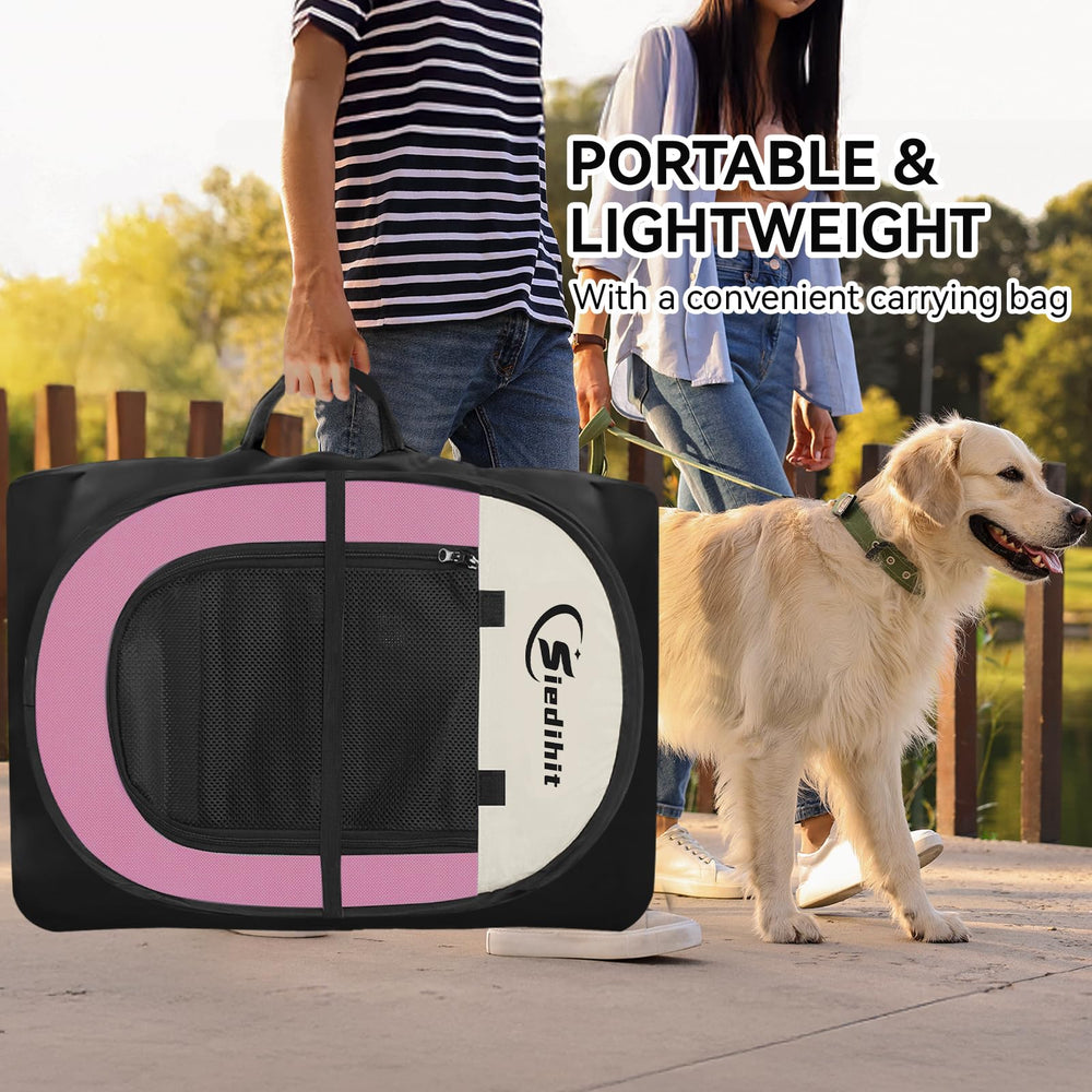 Siedihit pink playpen folds into the included tote bag.