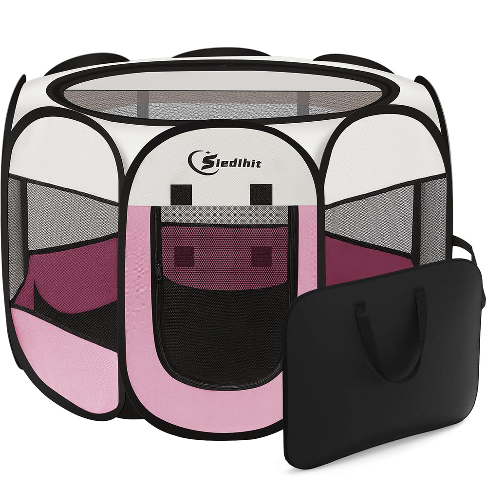 Siedihit pink puppy playpen with eight-panel mesh for ventilation and visibility.