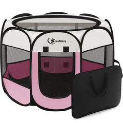 Siedihit pink puppy playpen with eight-panel mesh for ventilation and visibility.
