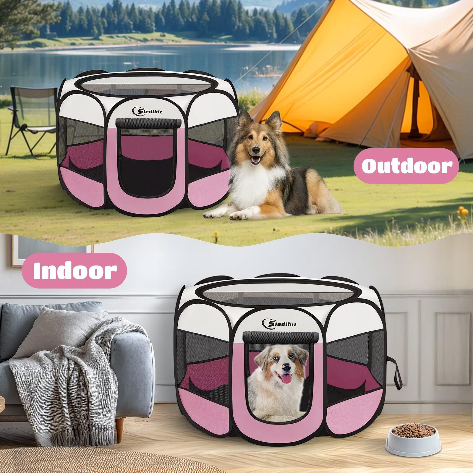 Siedihit pink playpen with roll-up sides for easy access.