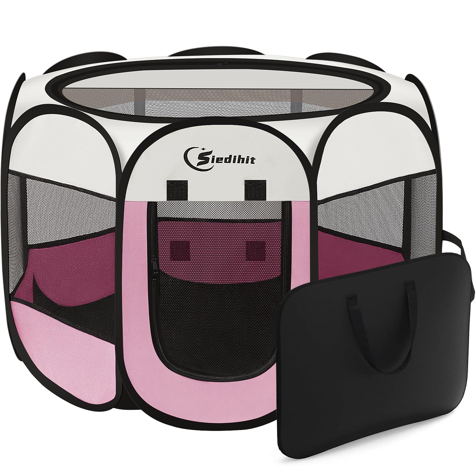 Siedihit pink puppy playpen side view showing 360-degree visibility for pets