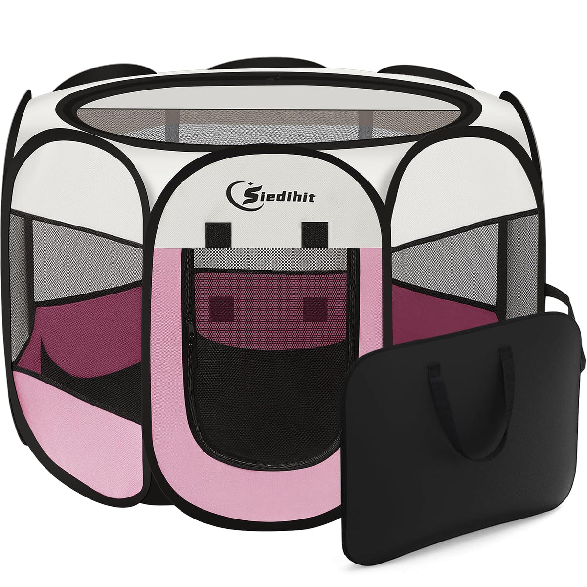 Siedihit pink puppy playpen side view showing 360-degree visibility for pets