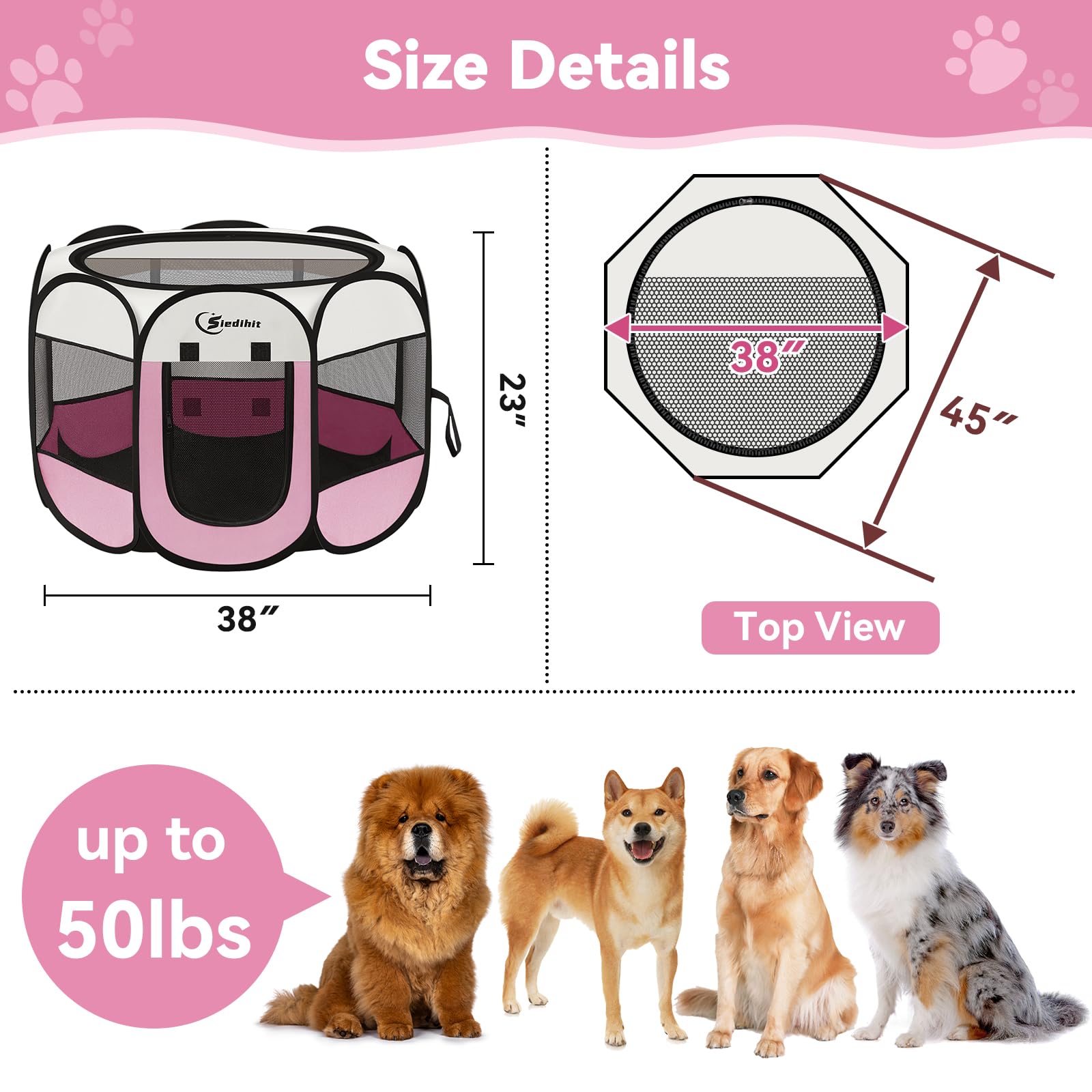 Siedihit pink playpen uses waterproof Oxford fabric for weather protection.