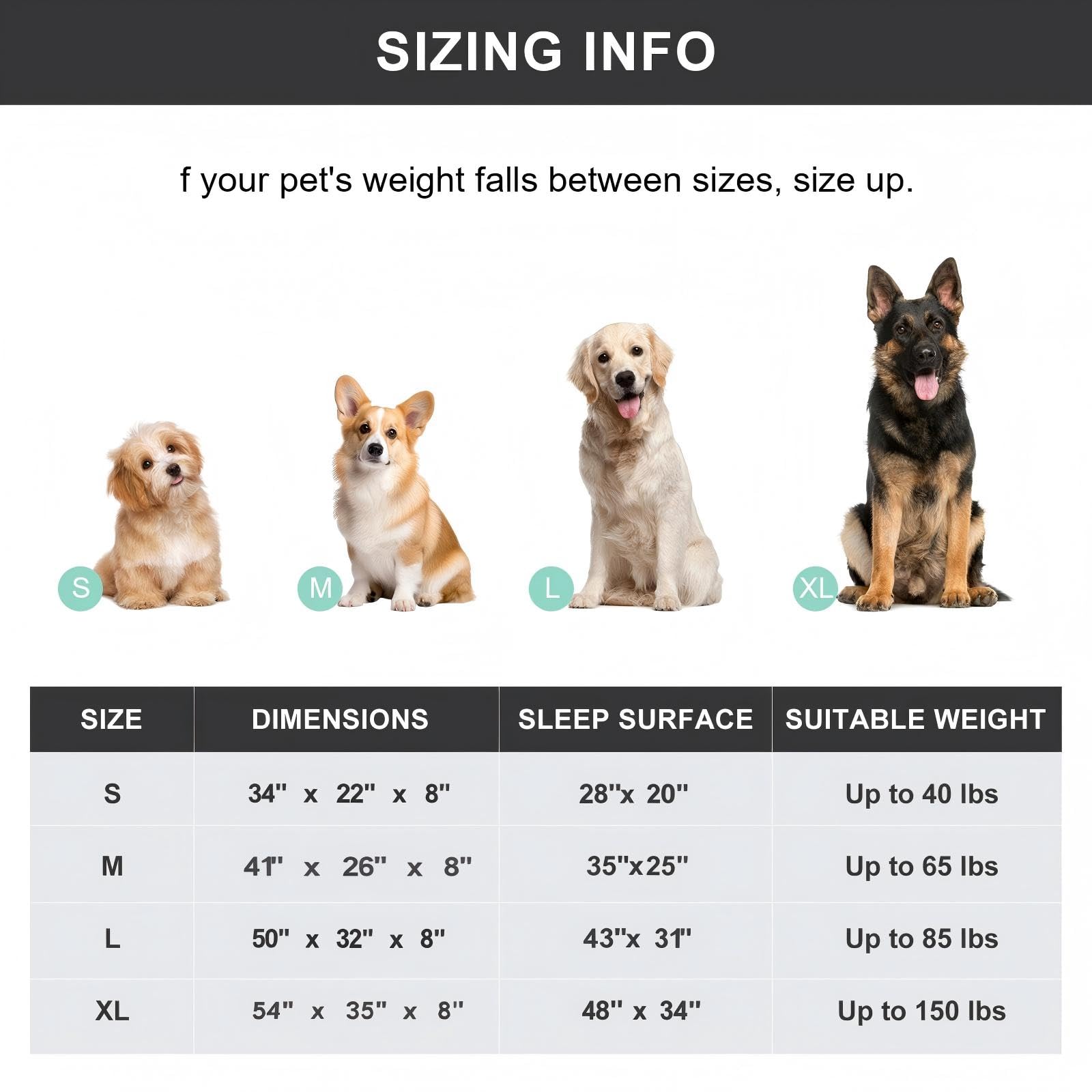 SIEMOUR cooling elevated dog bed measures 34x22x8 inches for compact spaces.